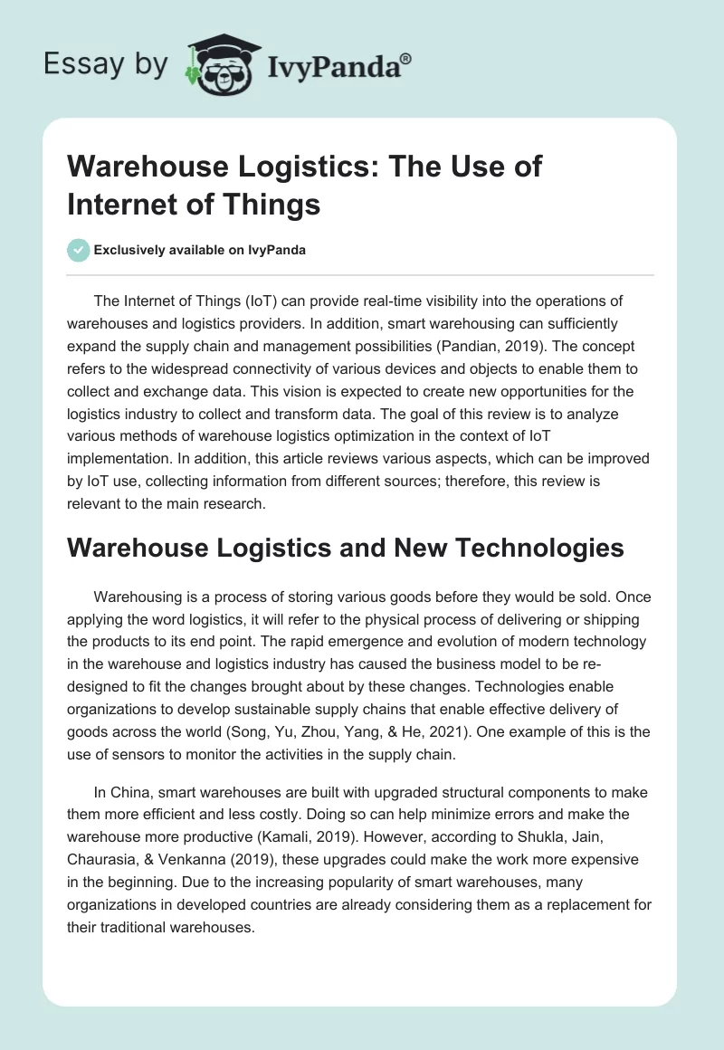 Warehouse Logistics: The Use of Internet of Things. Page 1