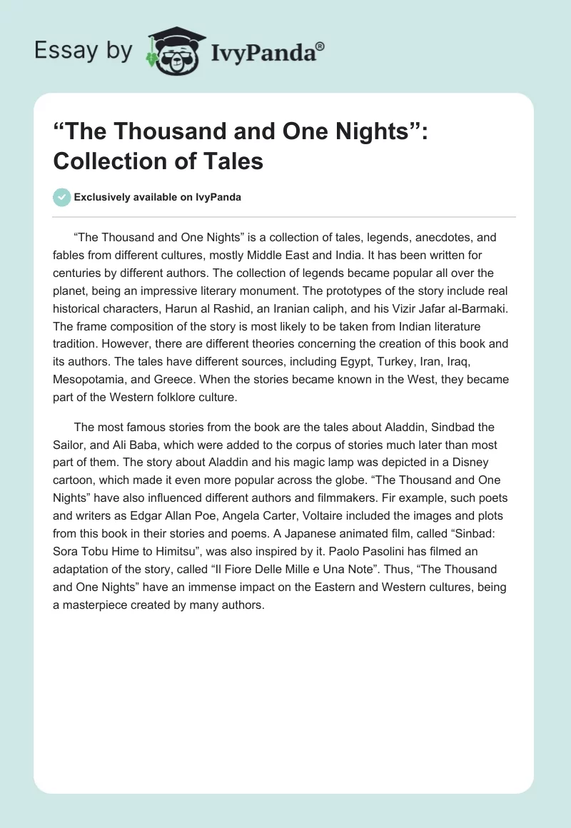 “The Thousand and One Nights”: Collection of Tales. Page 1
