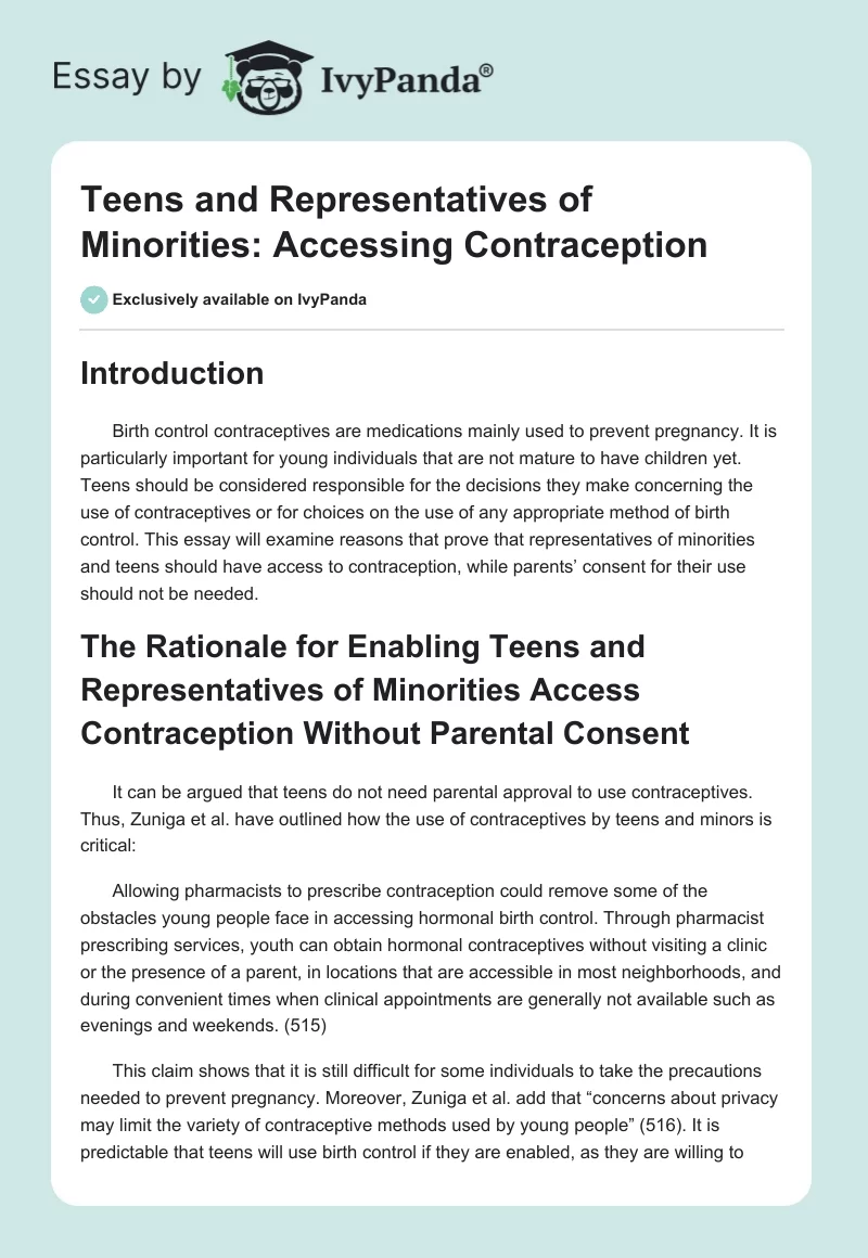 Teens and Representatives of Minorities: Accessing Contraception. Page 1