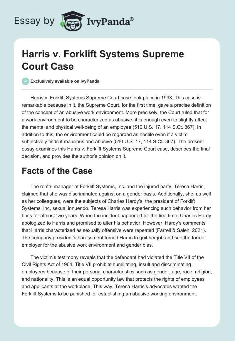 Harris vs. Forklift Systems Supreme Court Case. Page 1