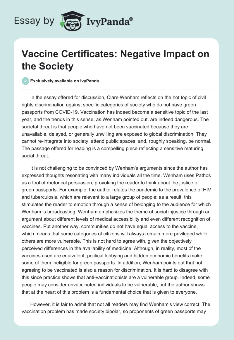 Vaccine Certificates: Negative Impact on the Society. Page 1
