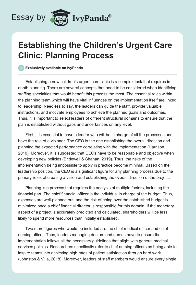 Establishing the Children’s Urgent Care Clinic: Planning Process. Page 1