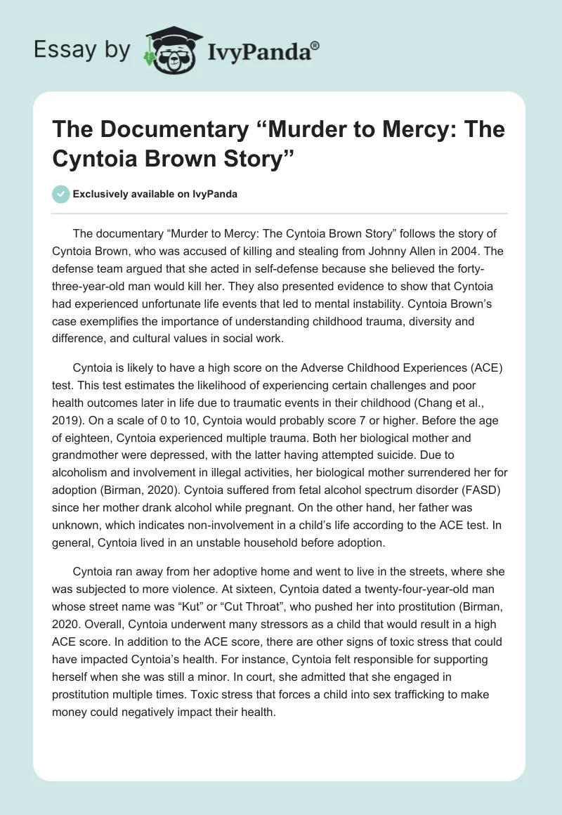 The Documentary “Murder to Mercy: The Cyntoia Brown Story”. Page 1