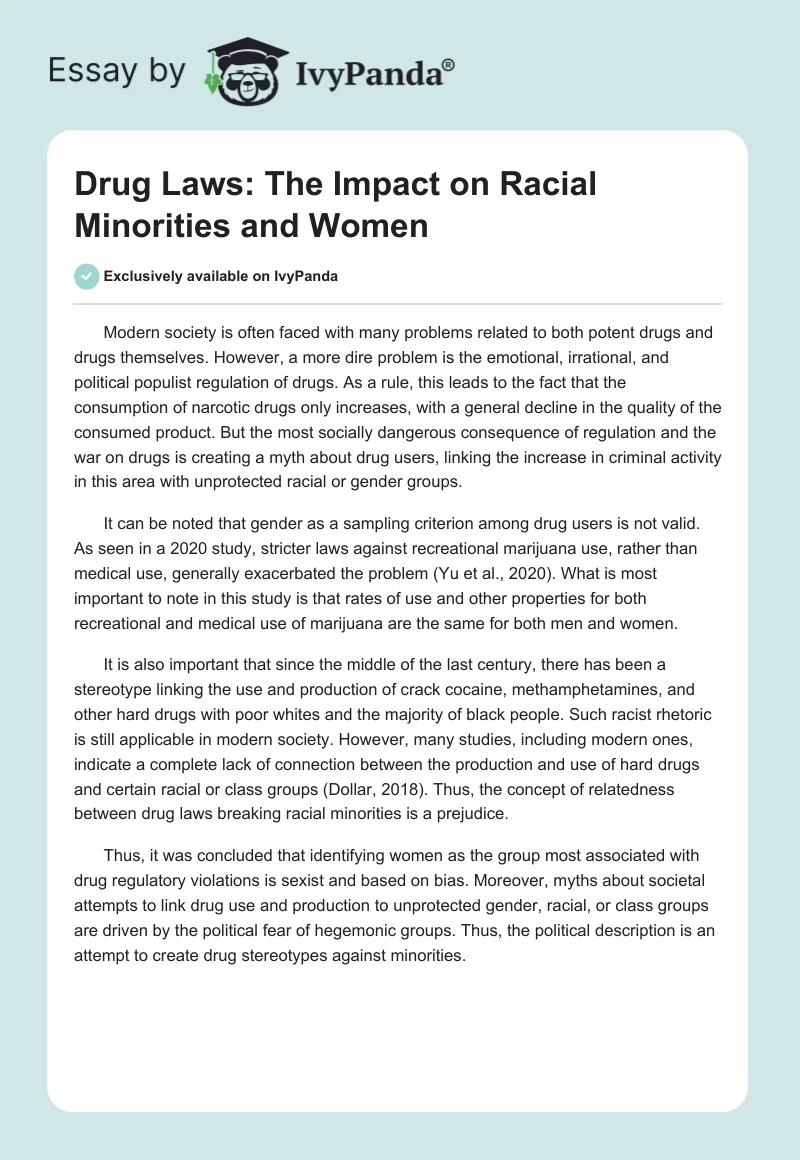 Drug Laws: The Impact on Racial Minorities and Women. Page 1