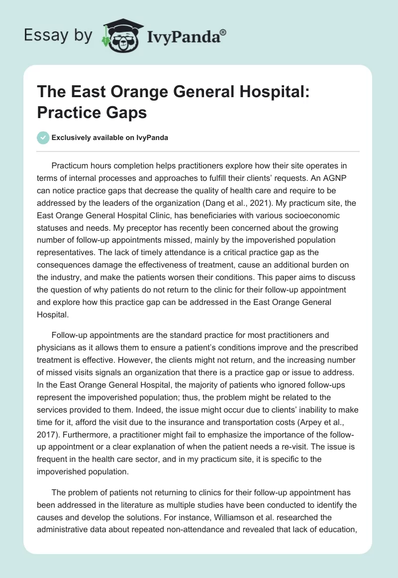 The East Orange General Hospital: Practice Gaps. Page 1