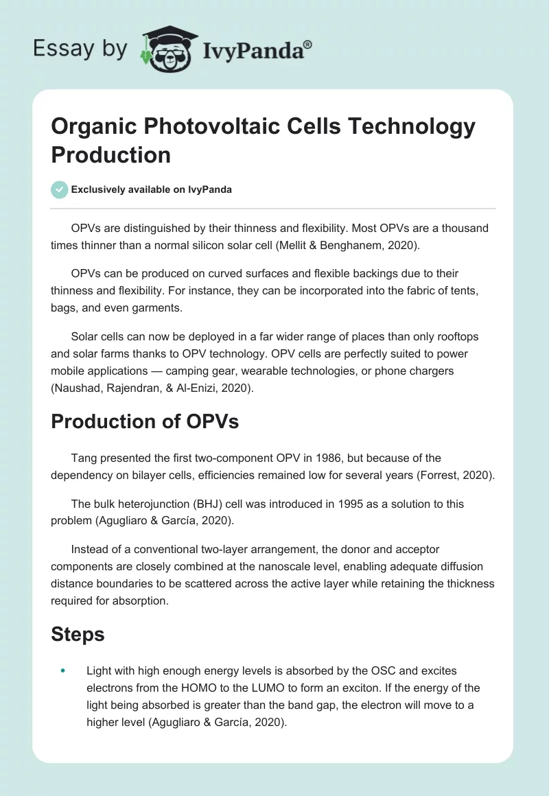 Organic Photovoltaic Cells Technology Production. Page 1