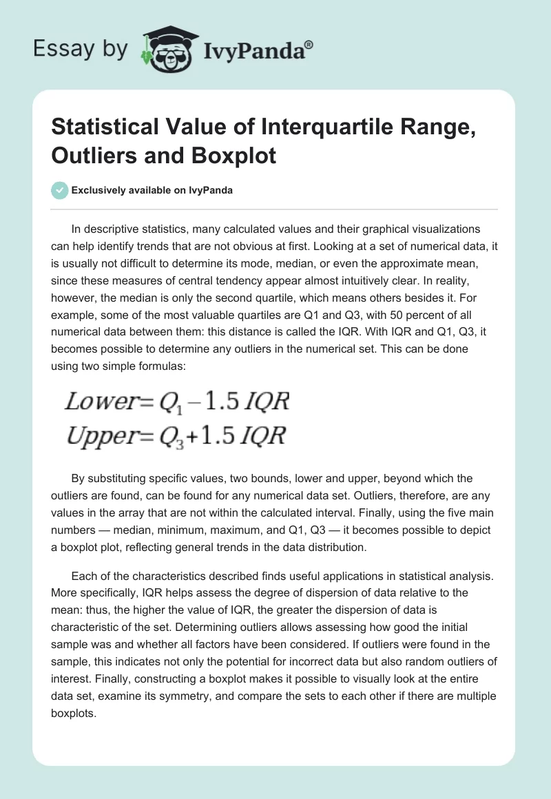 Statistical Value of Interquartile Range, Outliers and Boxplot. Page 1
