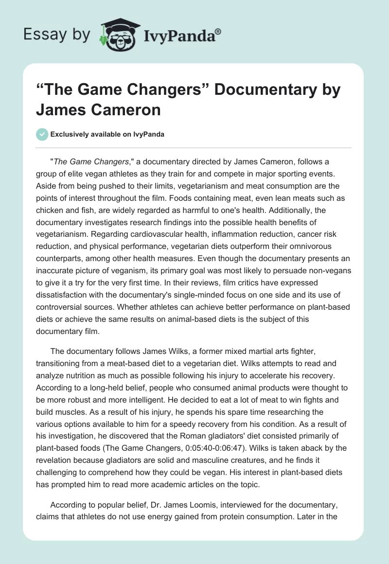 “The Game Changers” Documentary by James Cameron. Page 1