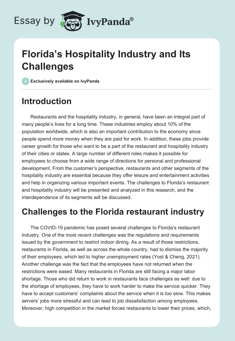 Florida’s Hospitality Industry and Its Challenges. Page 1