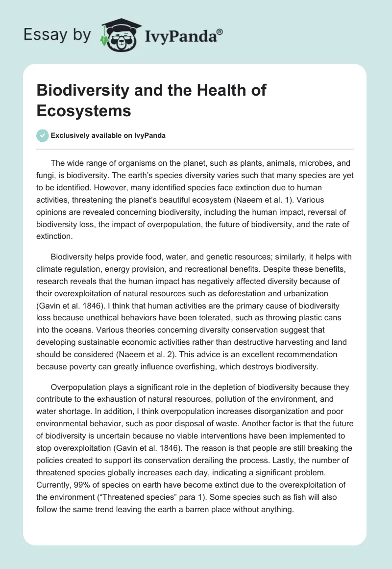Biodiversity and the Health of Ecosystems. Page 1