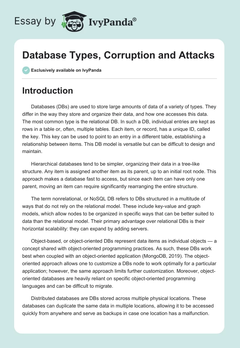 Database Types, Corruption and Attacks. Page 1