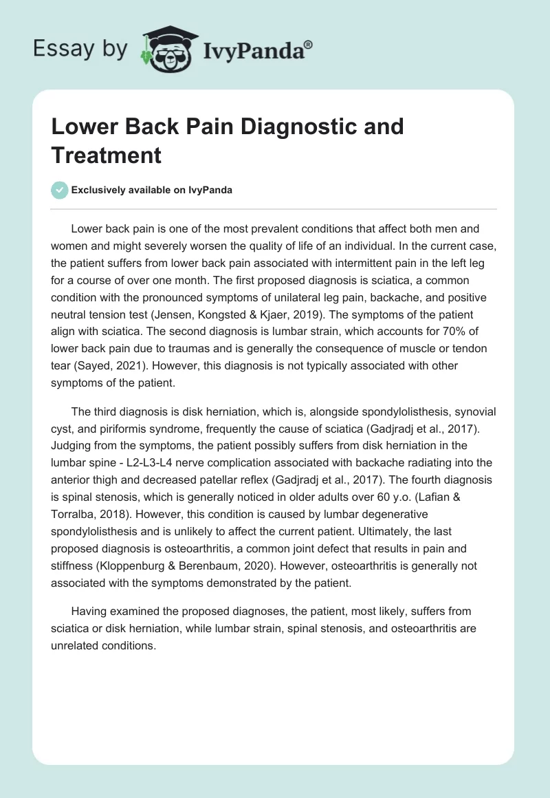 Lower Back Pain Diagnostic and Treatment. Page 1