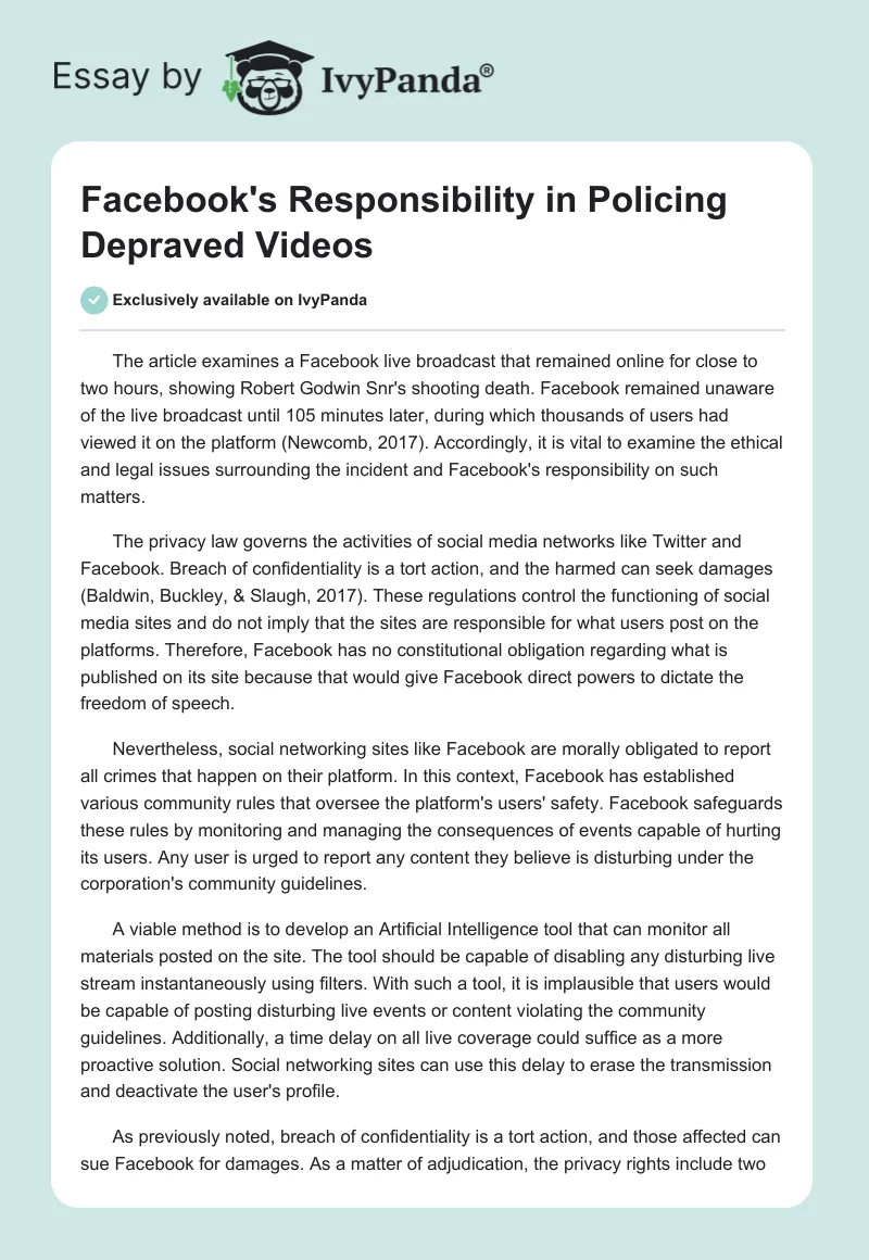 Facebook's Responsibility in Policing Depraved Videos. Page 1