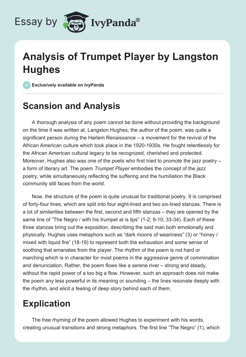 Analysis of "Trumpet Player" by Langston Hughes. Page 1
