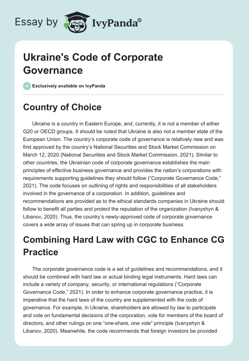 Ukraine's Code of Corporate Governance. Page 1