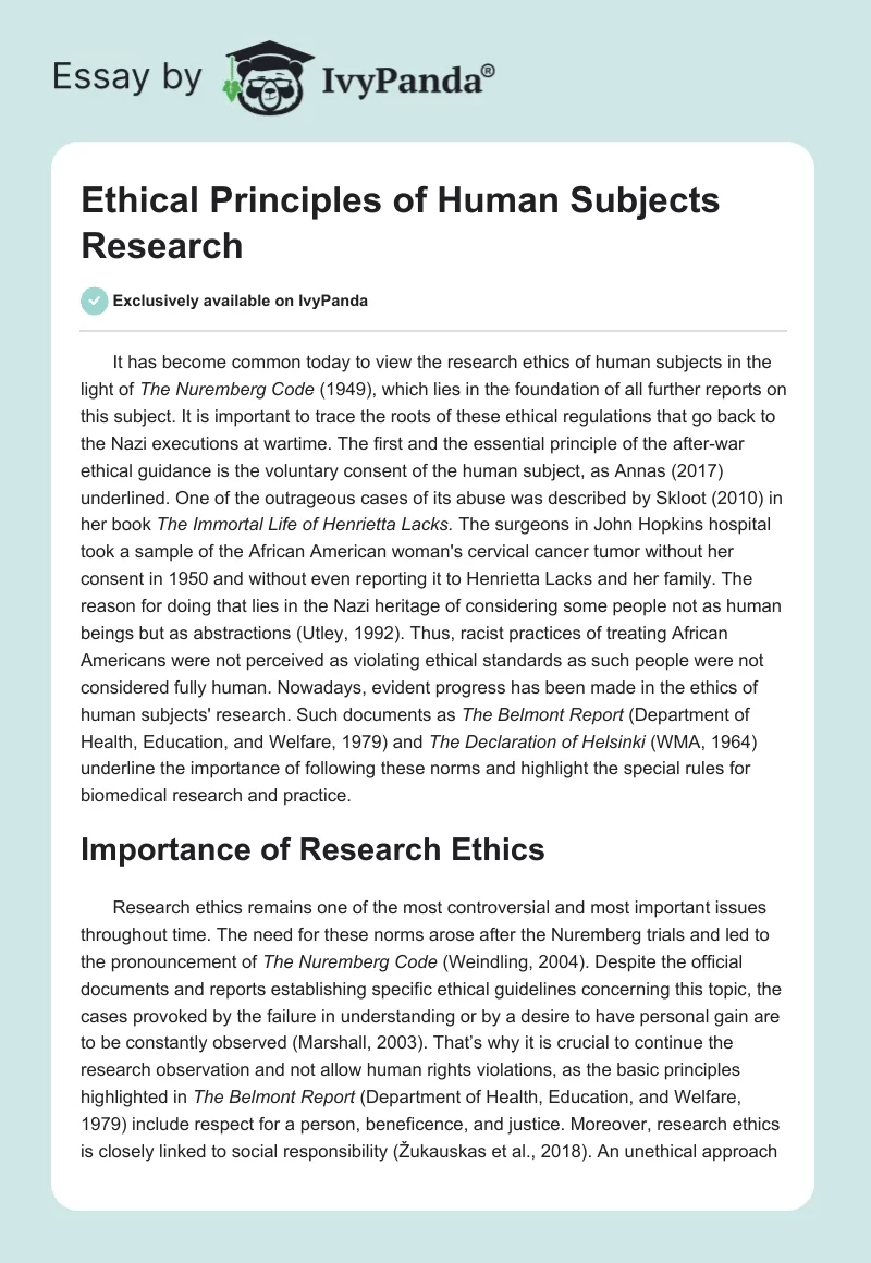 Ethical Principles of Human Subjects Research. Page 1