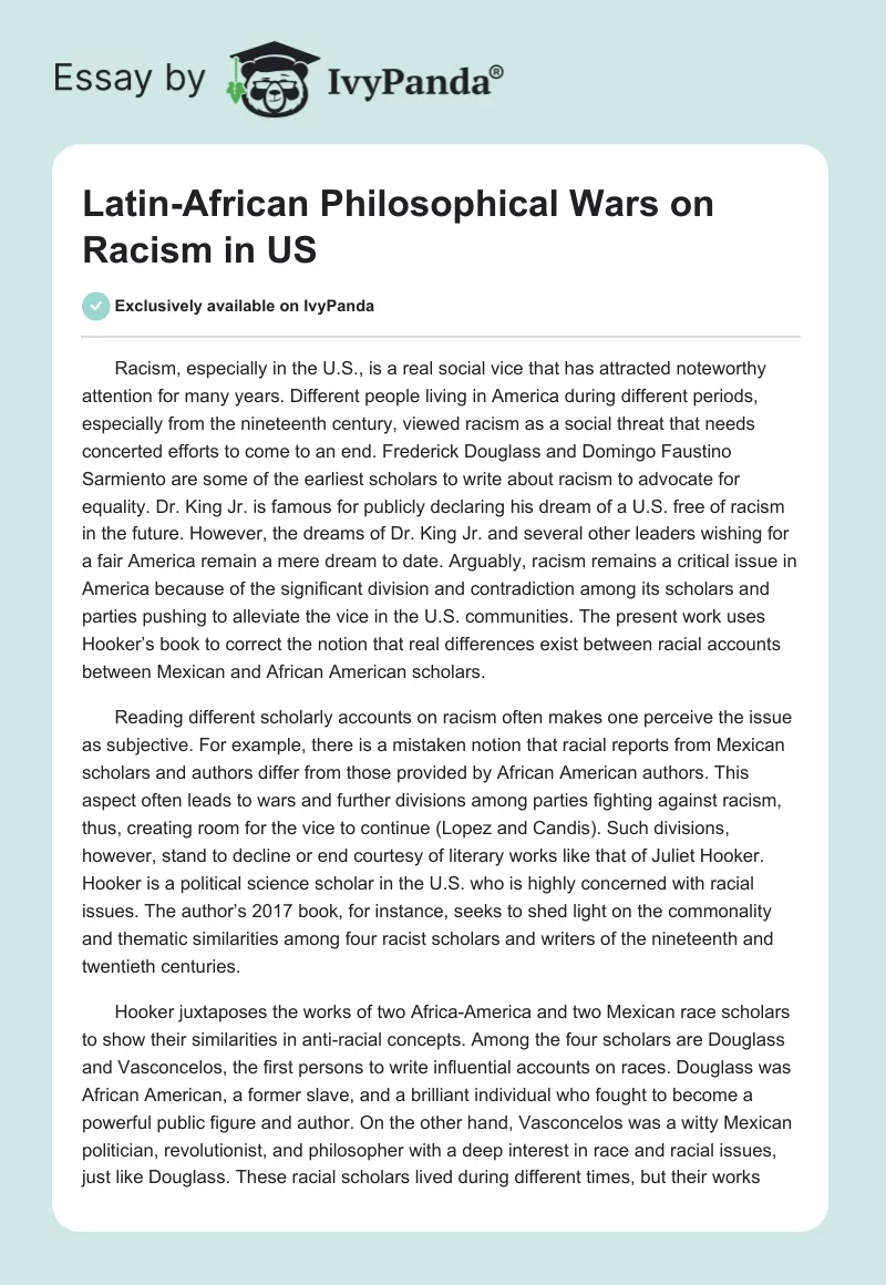 Latin-African Philosophical Wars on Racism in US. Page 1