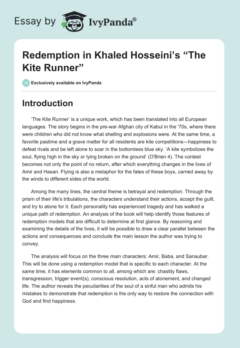 Redemption in Khaled Hosseini’s “The Kite Runner”. Page 1
