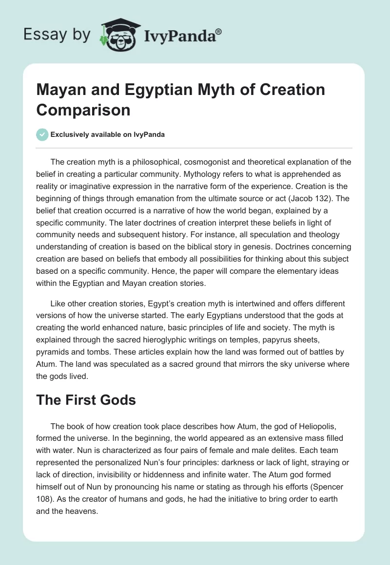 Mayan and Egyptian Myth of Creation Comparison. Page 1