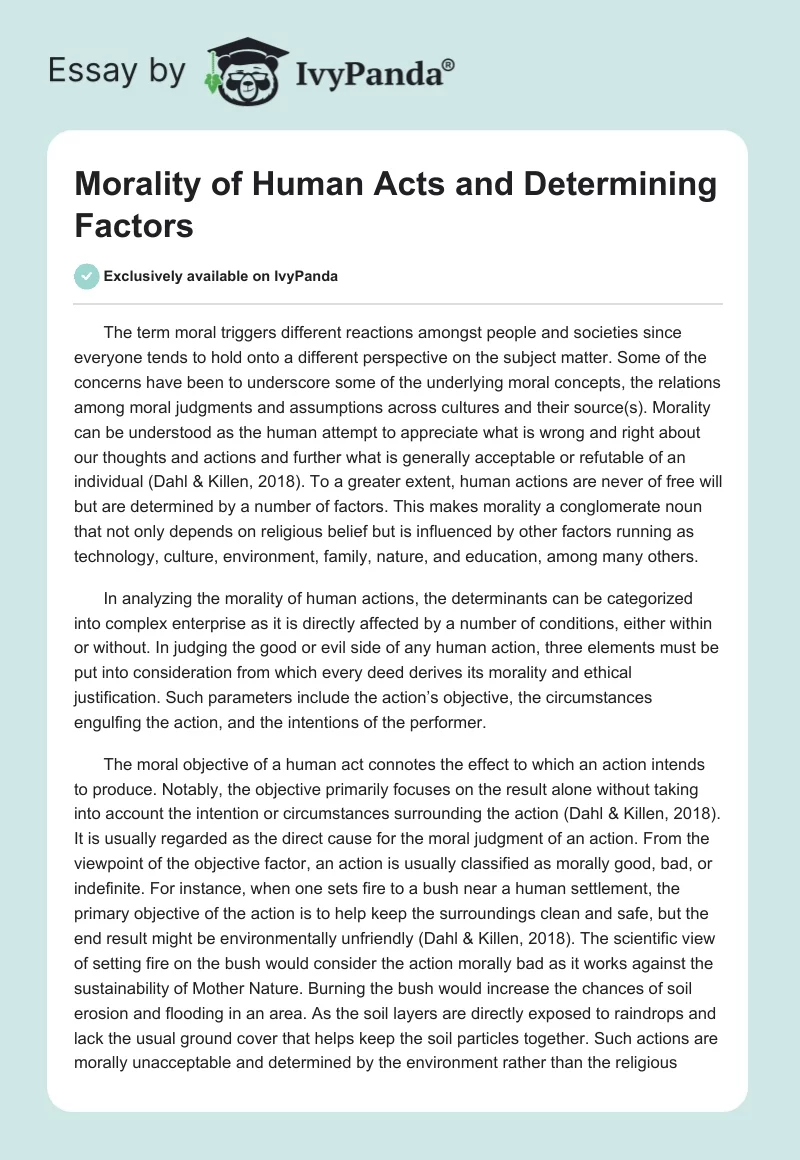 Morality of Human Acts and Determining Factors. Page 1