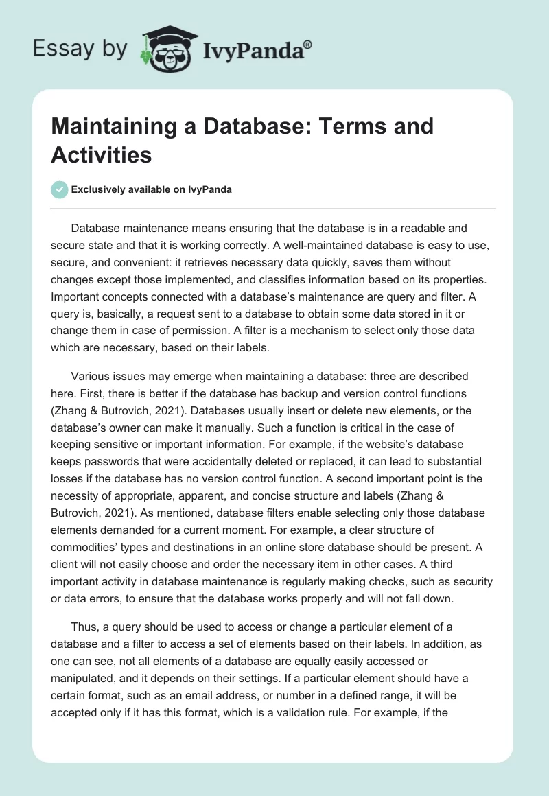 Maintaining a Database: Terms and Activities. Page 1
