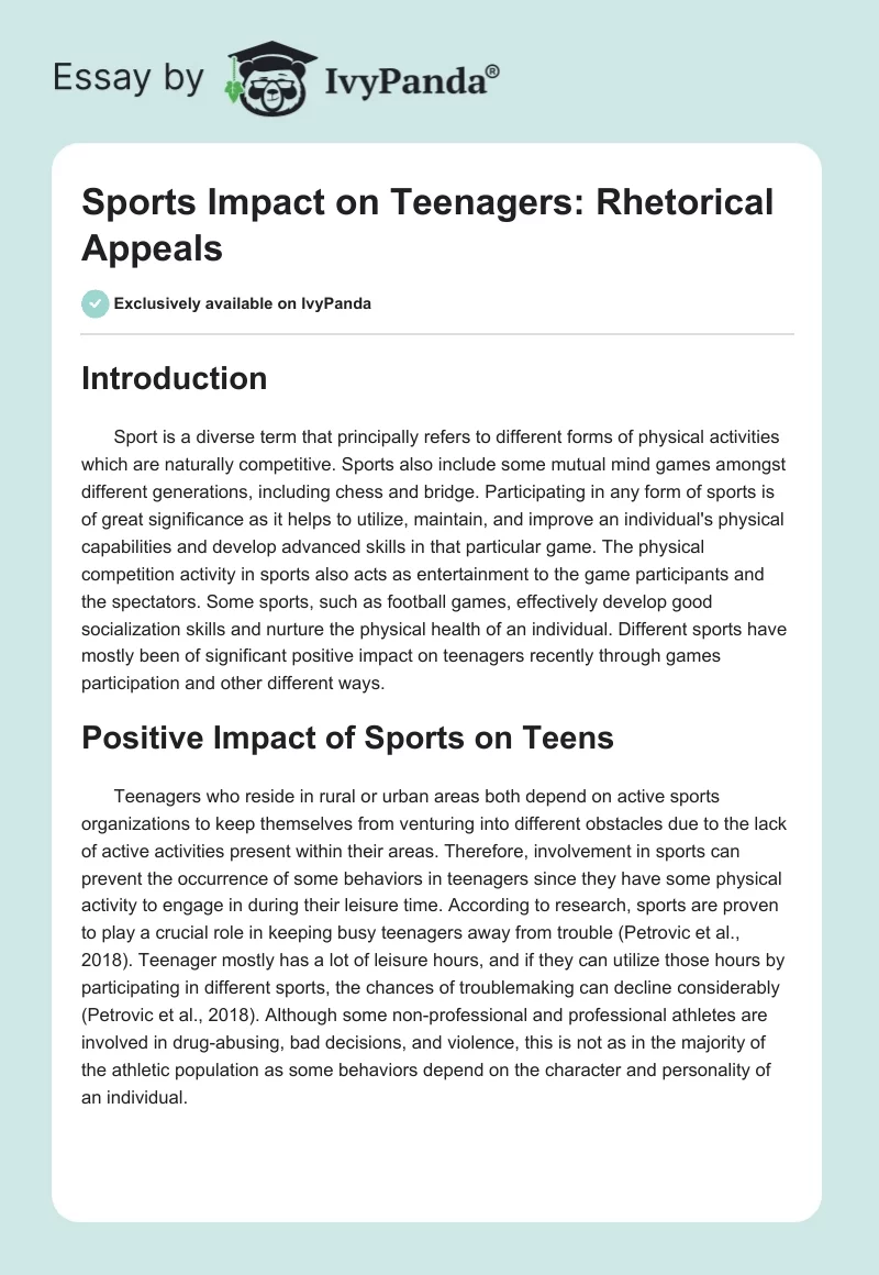Sports Impact on Teenagers: Rhetorical Appeals. Page 1
