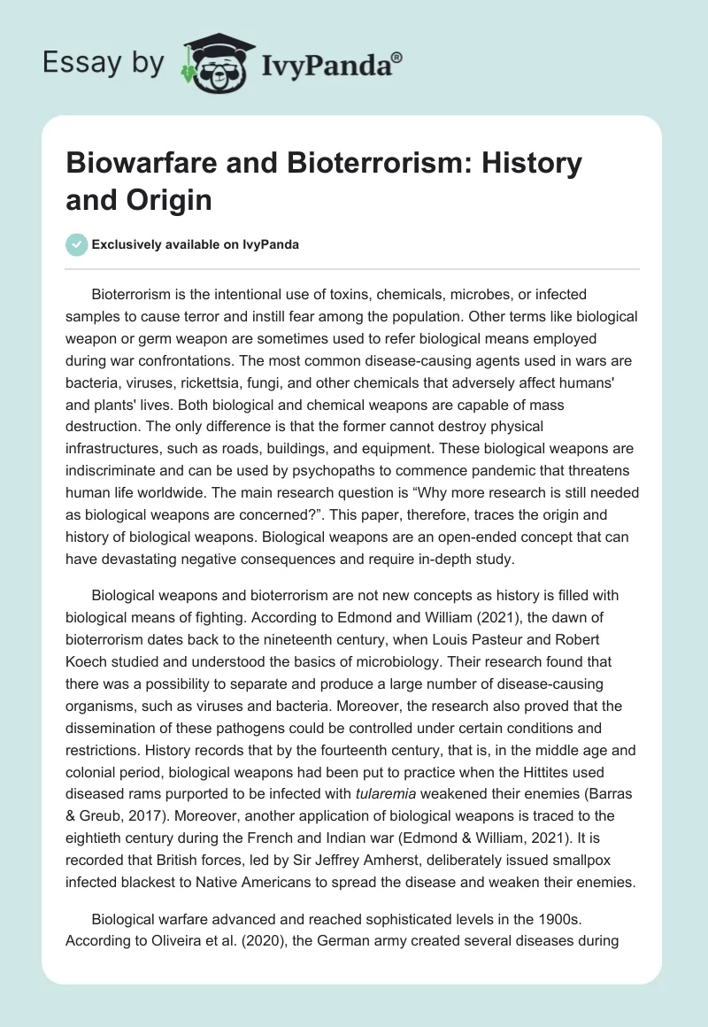 Biowarfare and Bioterrorism: History and Origin. Page 1