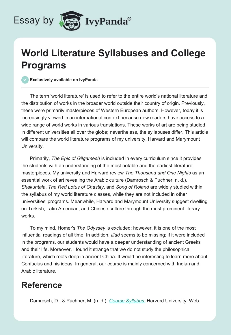 World Literature Syllabuses and College Programs. Page 1