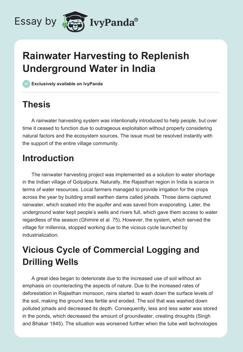 Rainwater Harvesting to Replenish Underground Water in India. Page 1