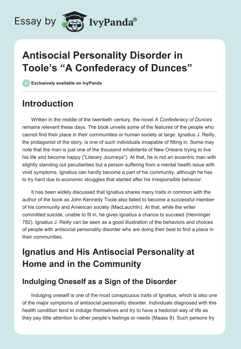 Antisocial Personality Disorder in Toole’s “A Confederacy of Dunces”. Page 1