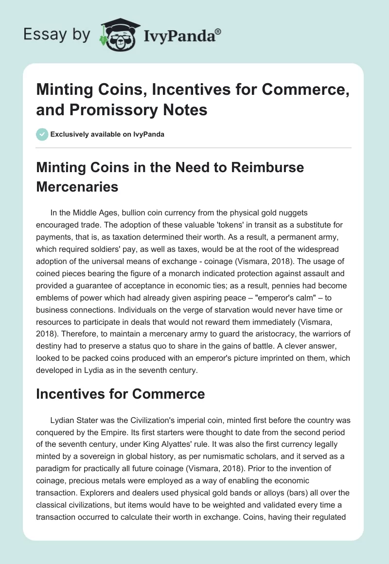 Minting Coins, Incentives for Commerce, and Promissory Notes. Page 1