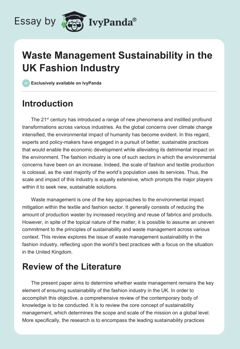 Waste Management Sustainability in the UK Fashion Industry. Page 1