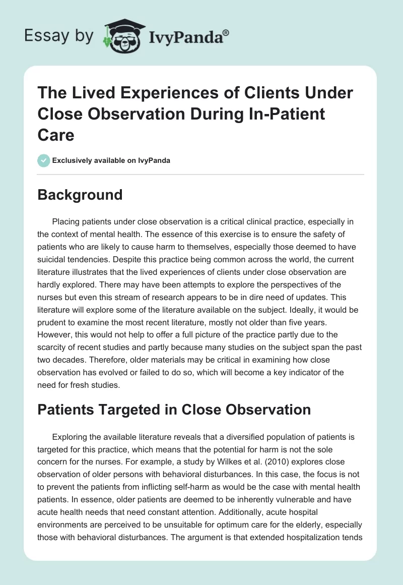 The Lived Experiences of Clients Under Close Observation During In-Patient Care. Page 1