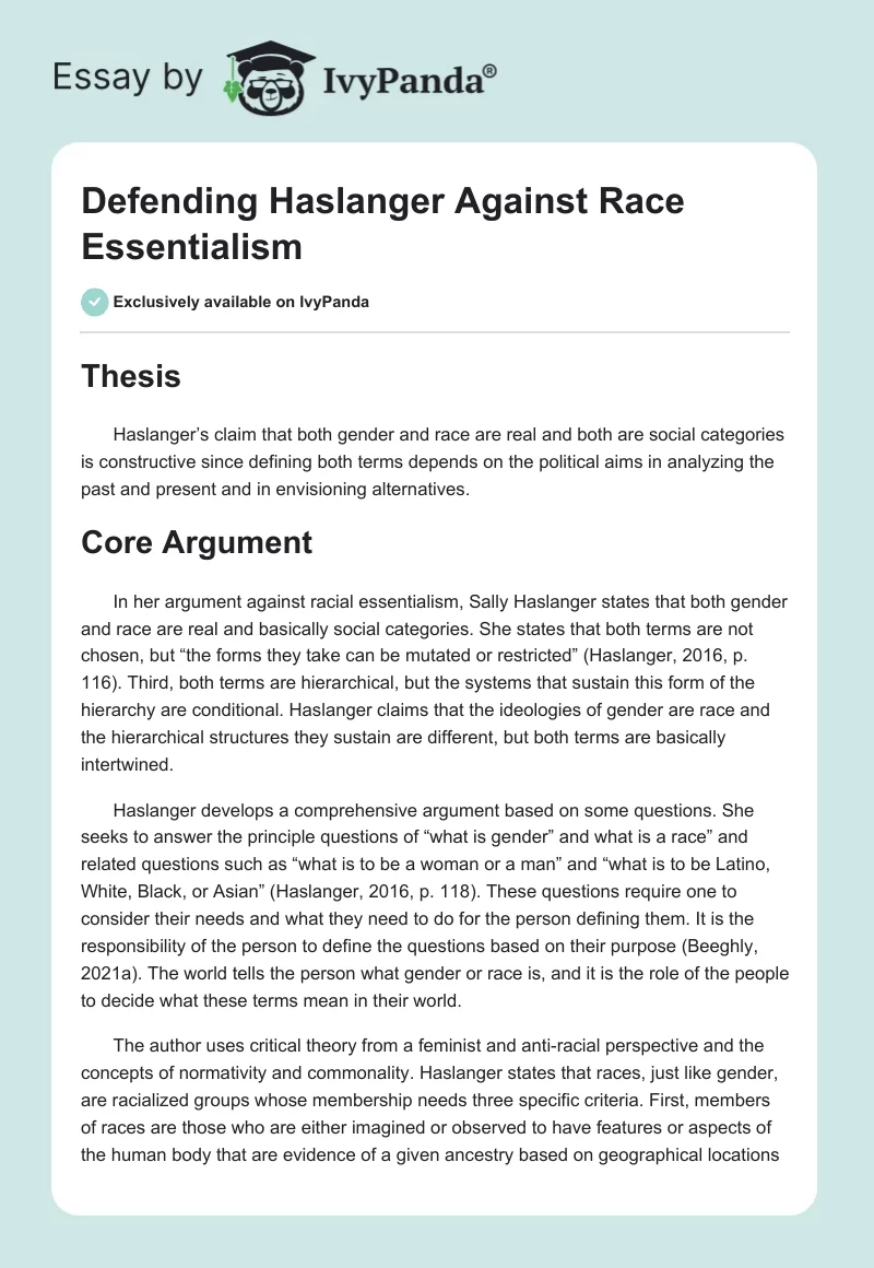 Defending Haslanger Against Race Essentialism. Page 1