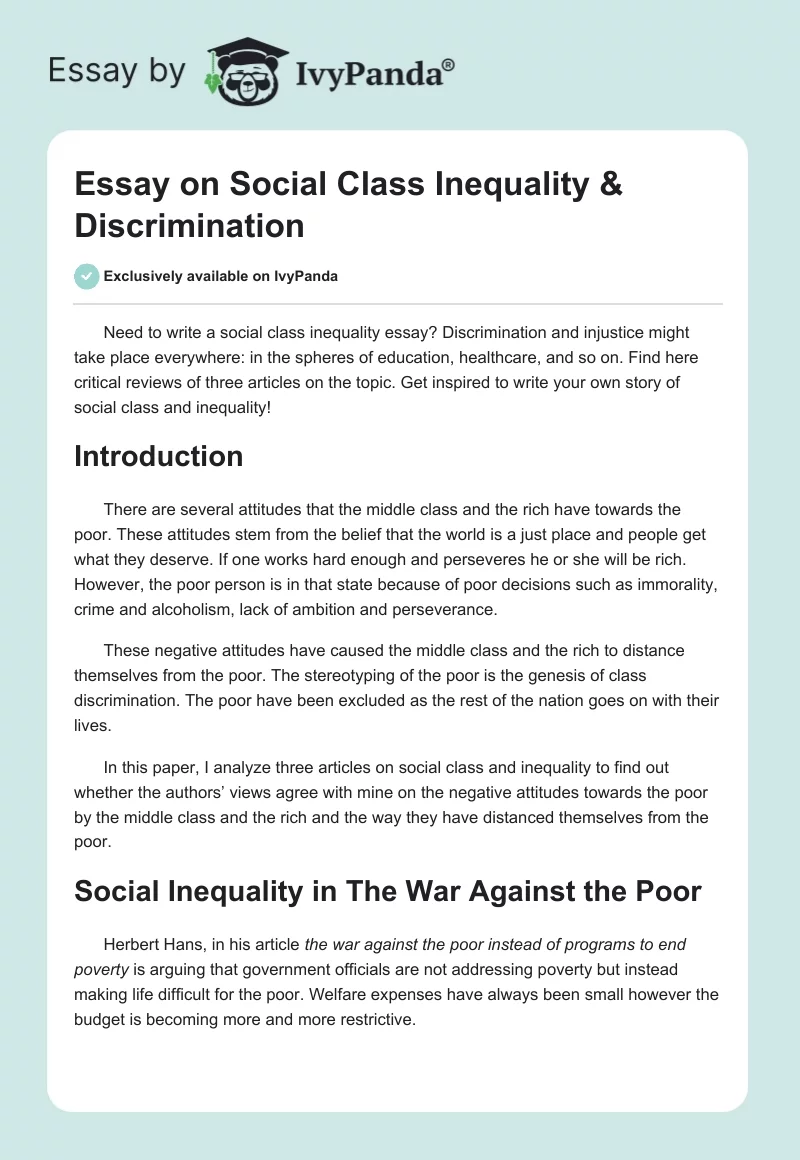 Essay on Social Class Inequality & Discrimination. Page 1