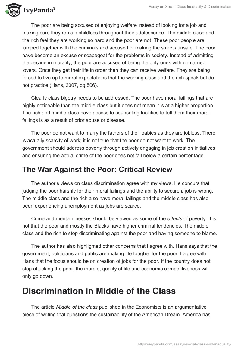 Essay on Social Class Inequality & Discrimination. Page 2
