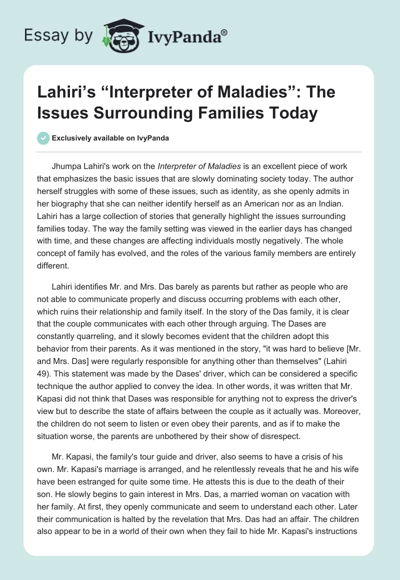 Lahiri’s “Interpreter of Maladies”: The Issues Surrounding Families Today. Page 1