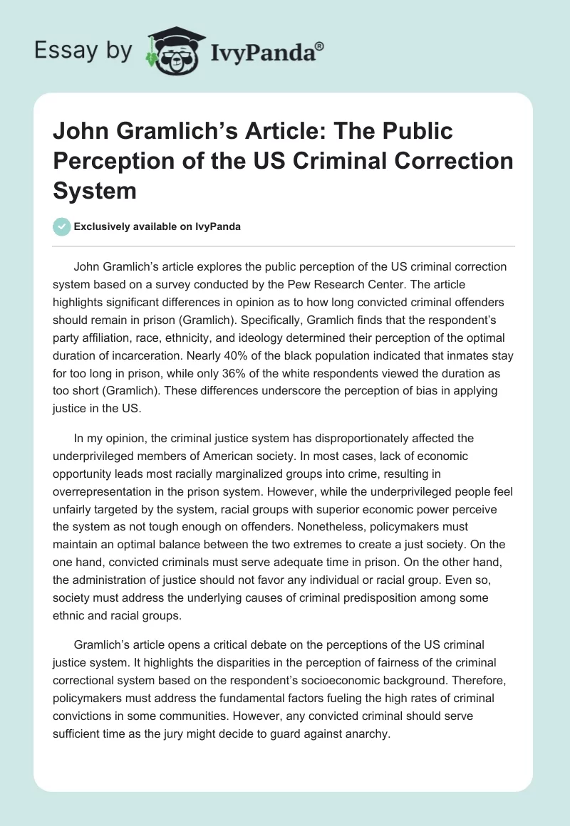 John Gramlich’s Article: The Public Perception of the US Criminal Correction System. Page 1