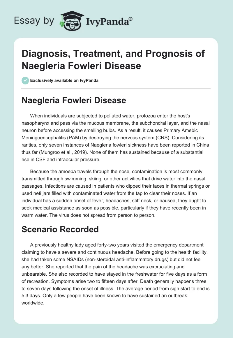 Diagnosis, Treatment, and Prognosis of Naegleria Fowleri Disease. Page 1