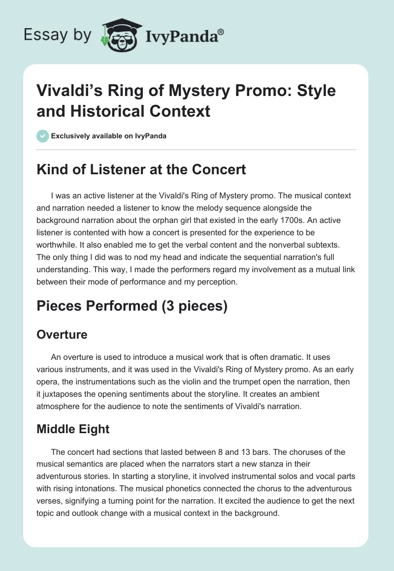Vivaldi’s Ring of Mystery Promo: Style and Historical Context. Page 1