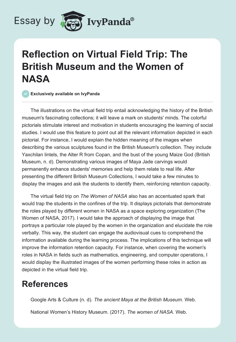 Reflection on Virtual Field Trip: The British Museum and the Women of NASA. Page 1