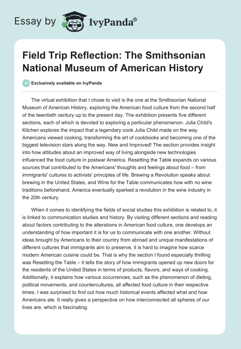 Field Trip Reflection: The Smithsonian National Museum of American History. Page 1
