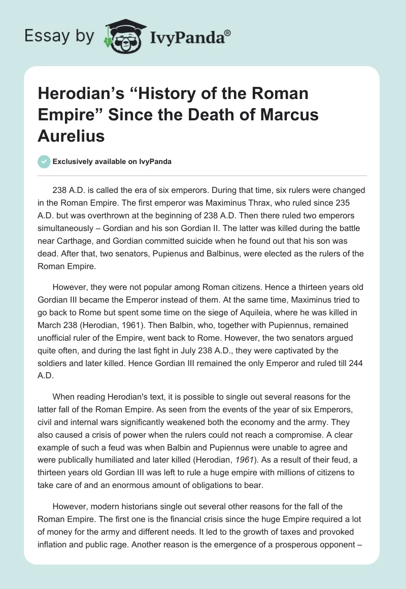 Herodian’s “History of the Roman Empire” Since the Death of Marcus Aurelius. Page 1