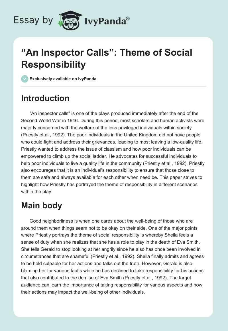 “An Inspector Calls”: Theme of Social Responsibility. Page 1
