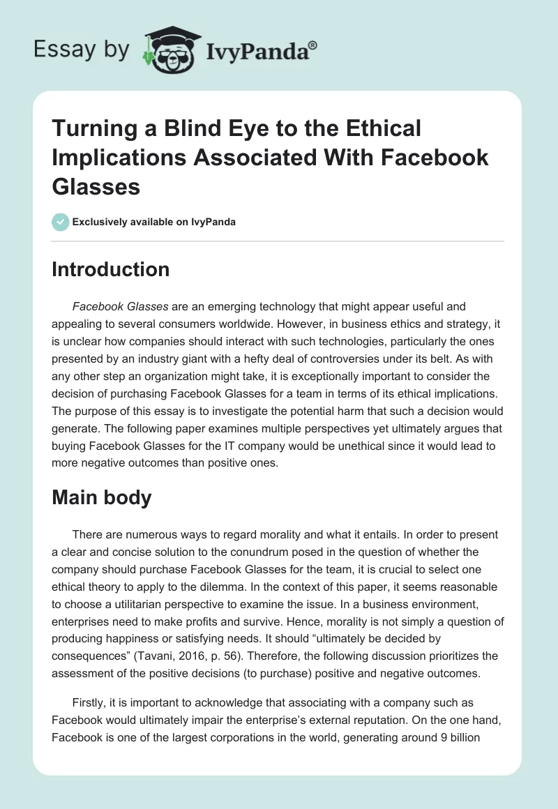 Turning a Blind Eye to the Ethical Implications Associated With Facebook Glasses. Page 1