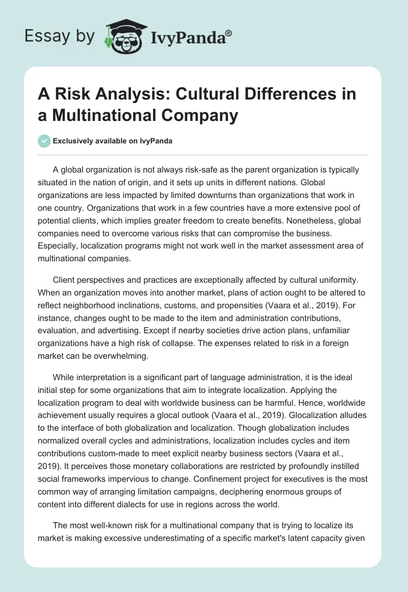 A Risk Analysis: Cultural Differences in a Multinational Company. Page 1