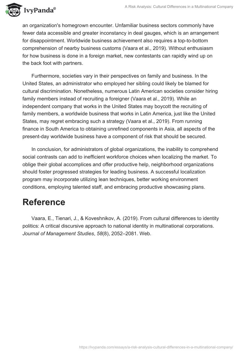 A Risk Analysis: Cultural Differences in a Multinational Company. Page 2