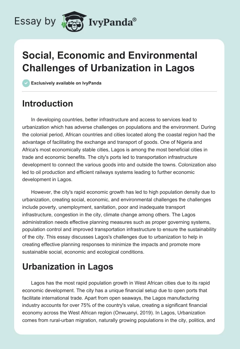 Social, Economic and Environmental Challenges of Urbanization in Lagos. Page 1