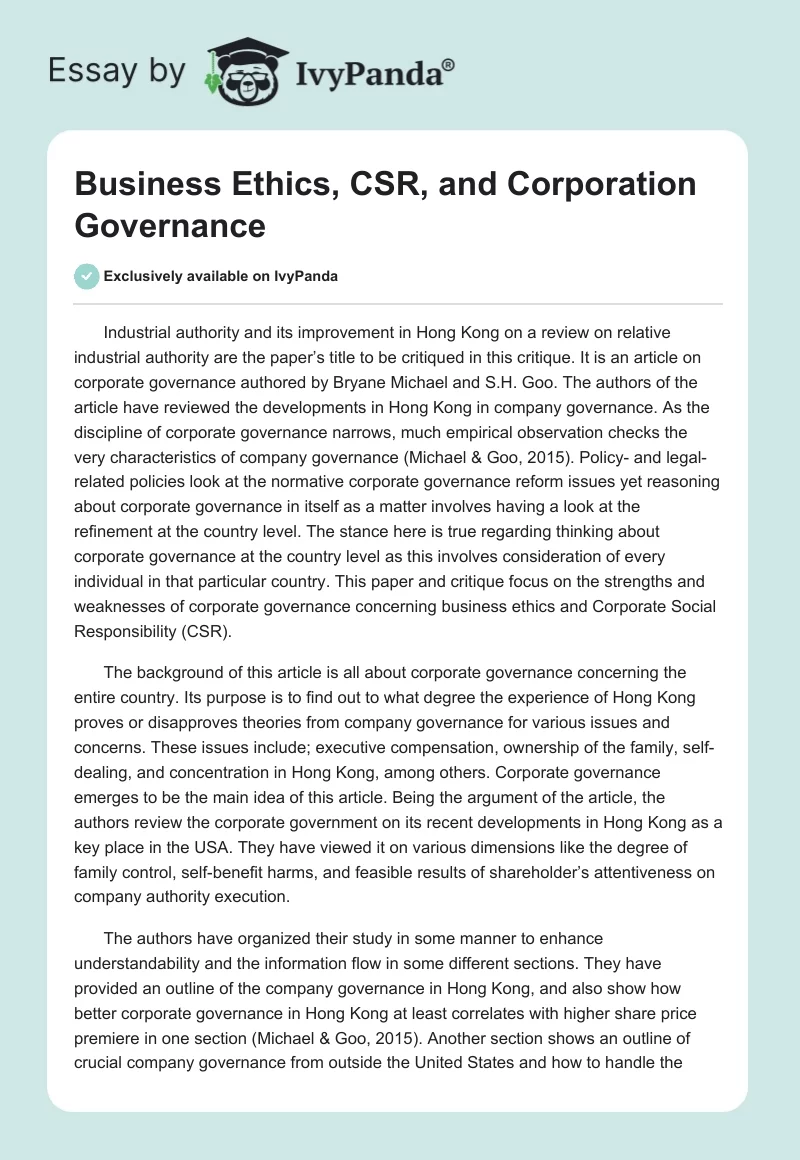 Business Ethics, CSR, and Corporation Governance. Page 1