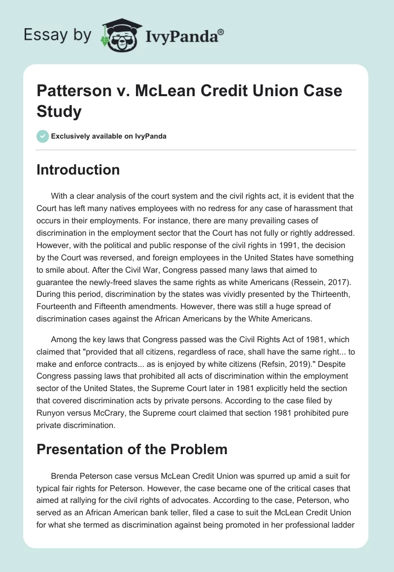 Patterson vs. McLean Credit Union Case Study. Page 1